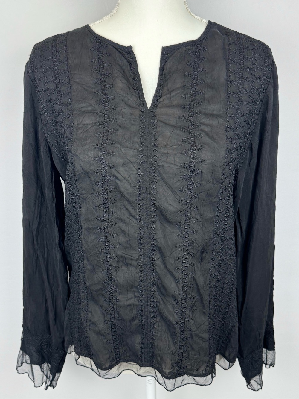 J. Jill Long Sleeve Black Embroidered Mesh Trim Crinkle Texture Top Boho Goth